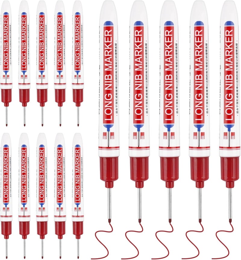 Mkobon 15 Pcs Long Head Deep Hole Marker, 20 mm Long Nose Nib Deep Reach Metal Marking Pen, Quick-drying Waterproof Permanent Pens For Carpenter, Woodworking, Construction (Red) - Image 1